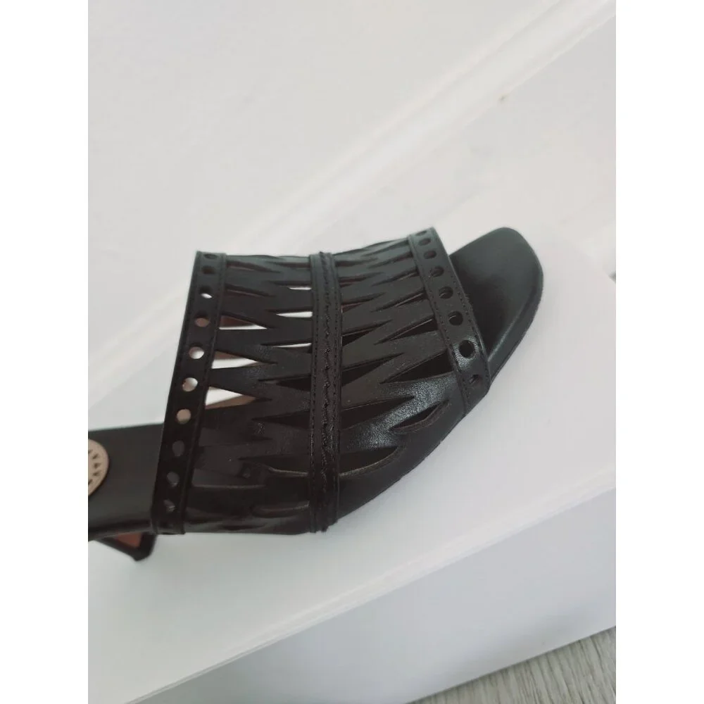 Alaia Paris Cutout Leather Black Slip On Open Toe Kitten Heels Mules Shoes 37 7 - Picture 4 of 11